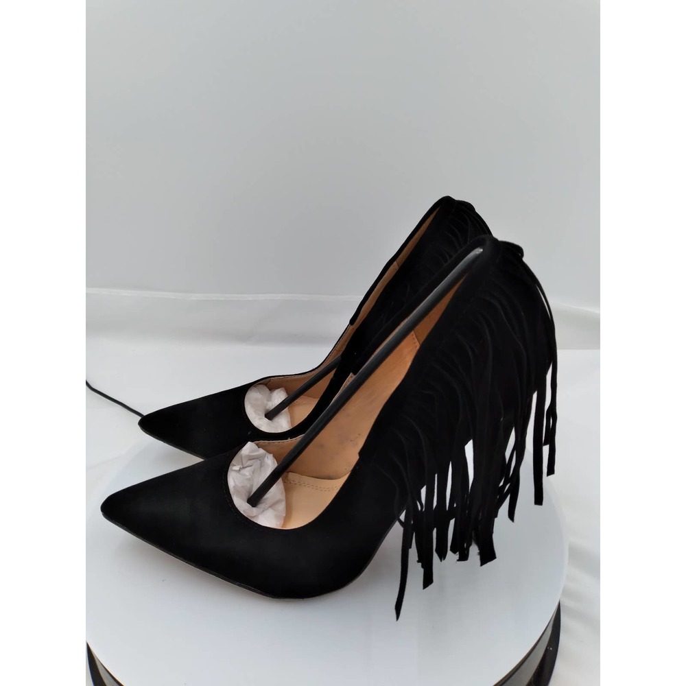PLAZA-S BLACK SUEDE 5" FRINGED PUMP by SHIEKH size 8